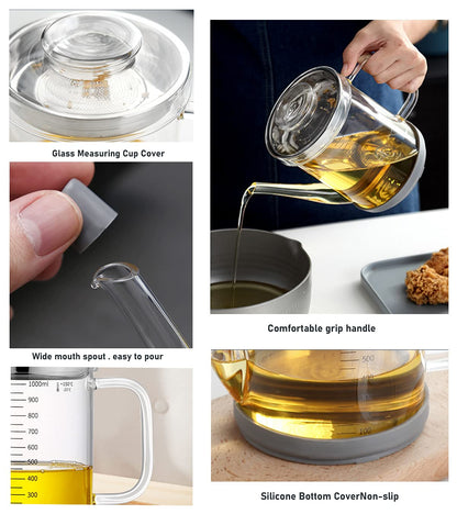 Home Servz Fat Separator,Cooking Gravy Strainer, with Stainless Steel Oil Strainer,1000ML Transparent Heat Resistant Glassware and Cover,Silicone Bottom Cover and Stopper
