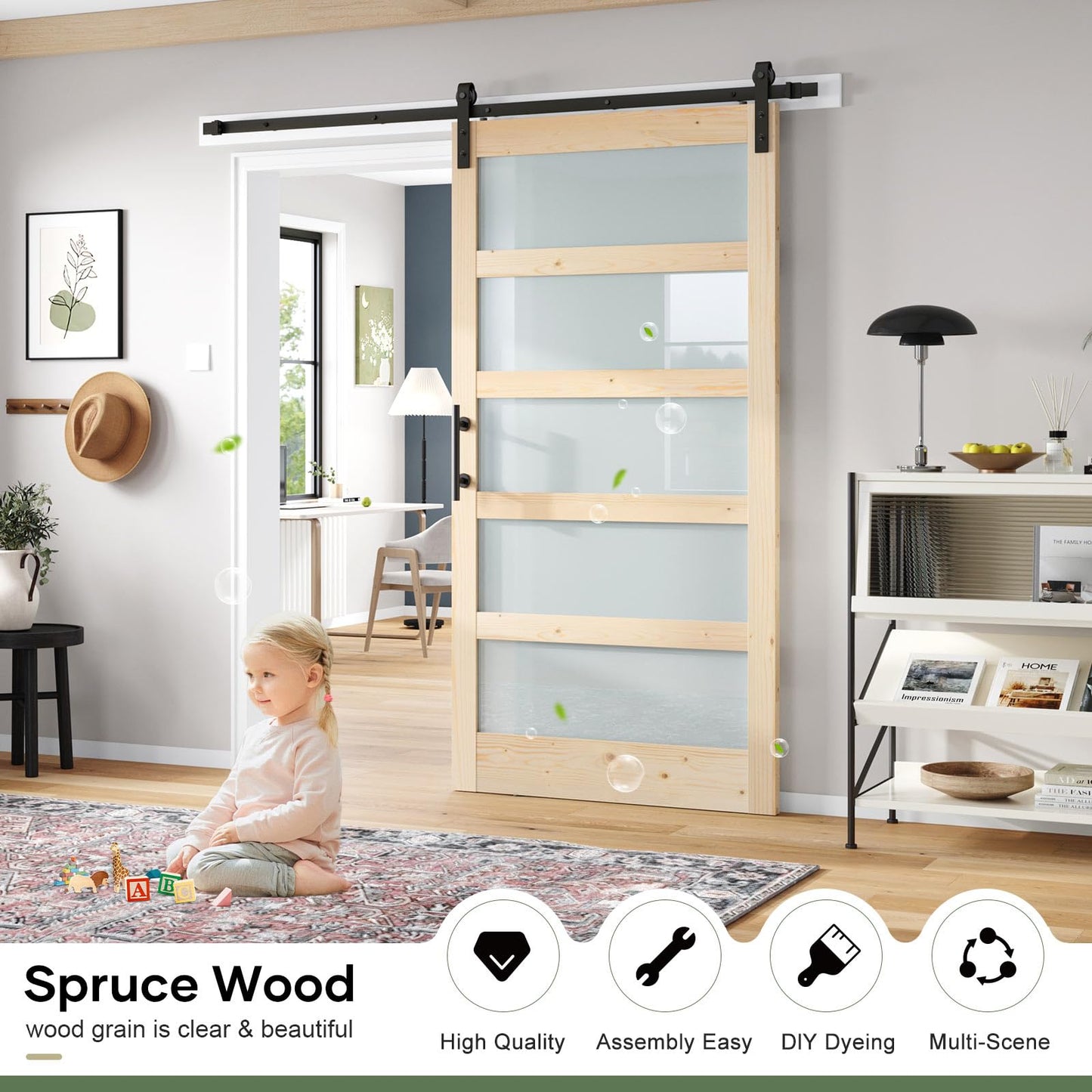 ROYMELO 42x84 inch Glass Sliding Barn Door Slab with 7ft Hardware Kit Included, 5-Panel Frosted Glass, Spruce Wood Support DIY Dyeing, Easy Assembly
