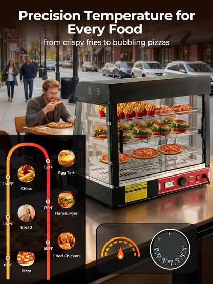 Commercial Food Warmer 26", 3-Tier Heated Display Case with Water Tray, 1200W Pizza Pastry Warmer, Adjustable Thermostat 86-185°F, LED Lighting, Removable Shelves for Buffet, Bakery, Catering