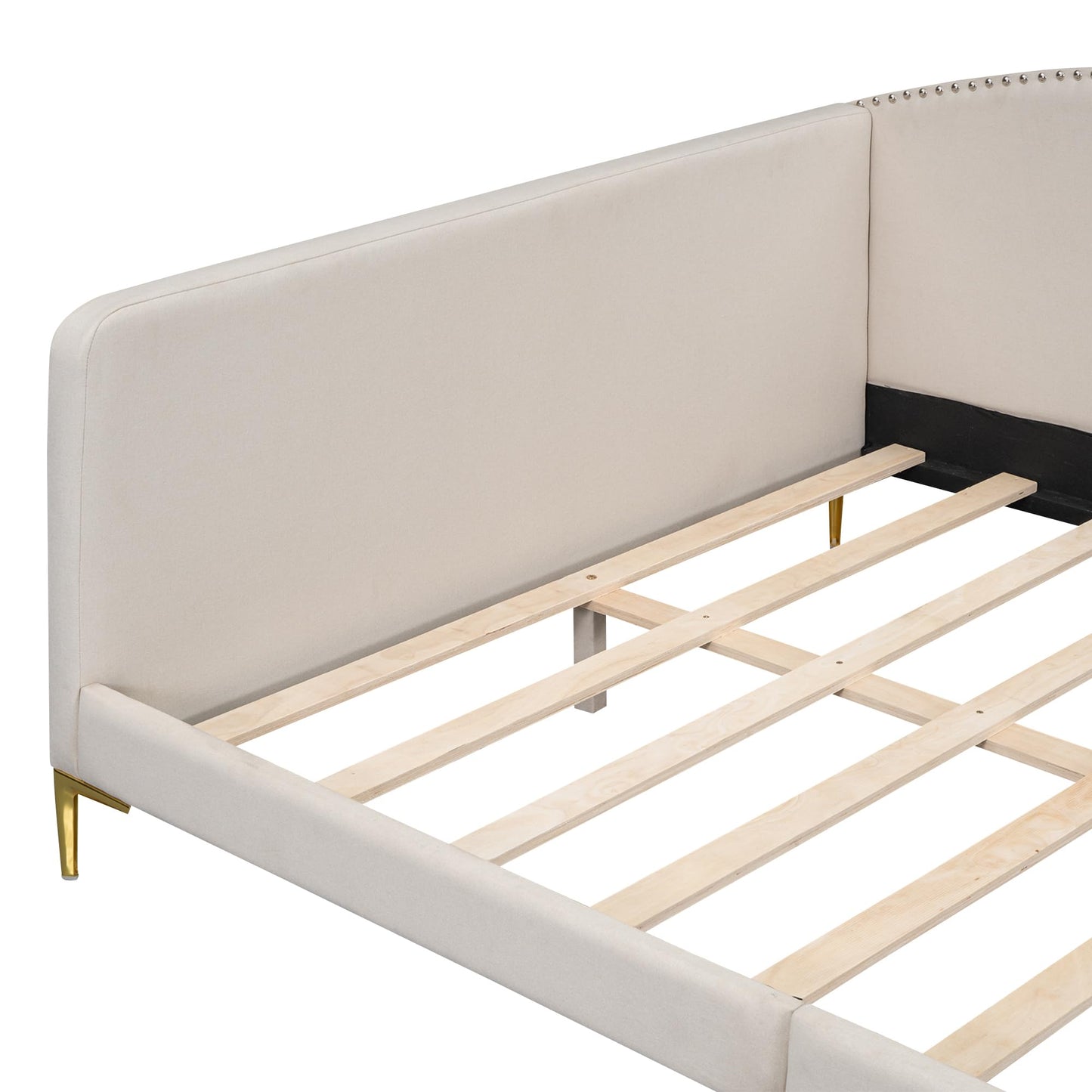 Full Size Upholstered Daybed with Headboard and Armrest, Linen-Finish Bed with Support Legs, Modern Sofa Bed for Guest Rooms, Studio Apartments, or Living Spaces, Sturdy Pine Wood Frame, Beige