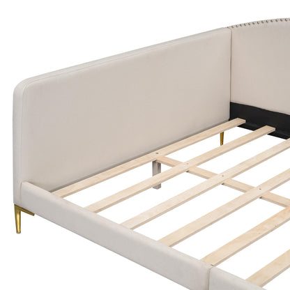 Full Size Upholstered Daybed with Headboard and Armrest, Linen-Finish Bed with Support Legs, Modern Sofa Bed for Guest Rooms, Studio Apartments, or Living Spaces, Sturdy Pine Wood Frame, Beige