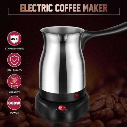 Turkish Coffee Maker, 600ml Stainless Steel Electric Pot with Long Handle for Home and Travel
