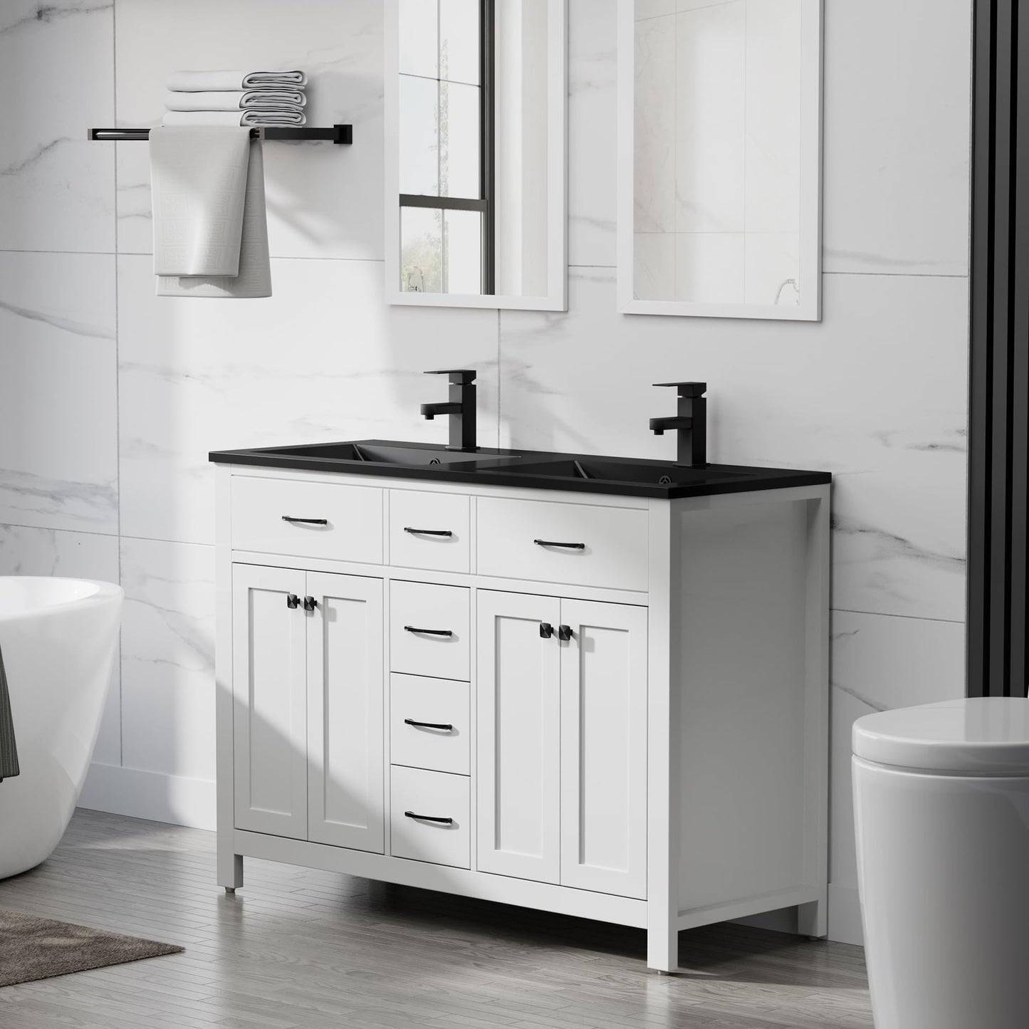 LUCKWIND 48" Modern Bathroom Vanity with Sink Combo, Contemporary Painted Storage Cabinet and Double Black Sink, Include Soft-Closing Doors & Matte Black Faucet, White