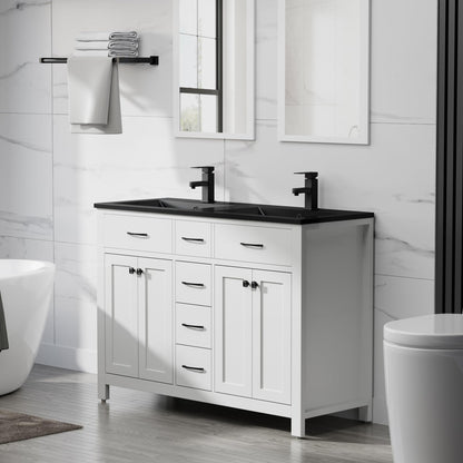 LUCKWIND 48" Modern Bathroom Vanity with Sink Combo, Contemporary Painted Storage Cabinet and Double Black Sink, Include Soft-Closing Doors & Matte Black Faucet, White