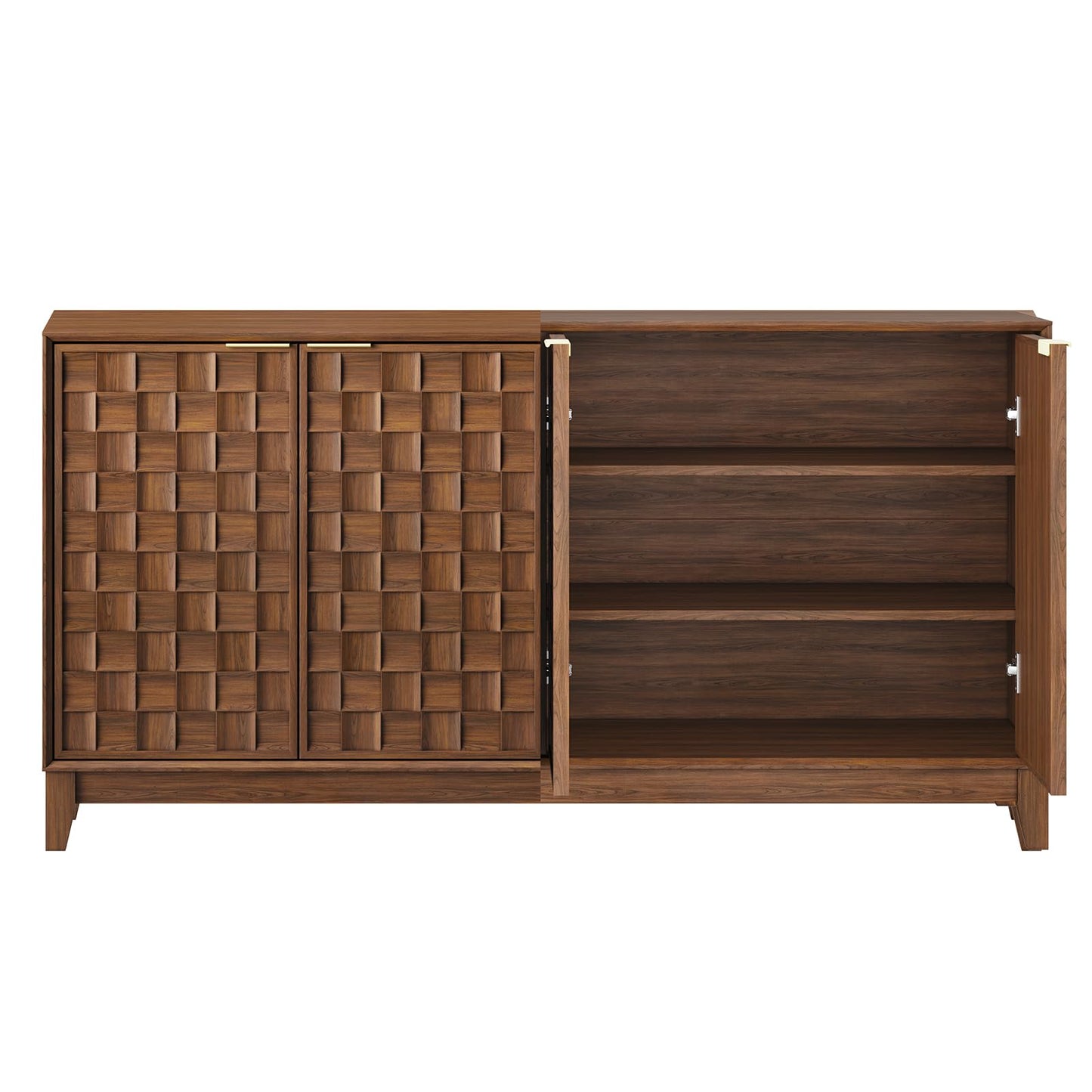 COLAMY 60" Sideboard Buffet Cabinet with Storage, Modern 3D Checkerboard Credenza with 4 Doors & Solid Wood Legs, Large Kitchen Coffee Bar Console Table for Dining Room, Living Room,Walnut Black
