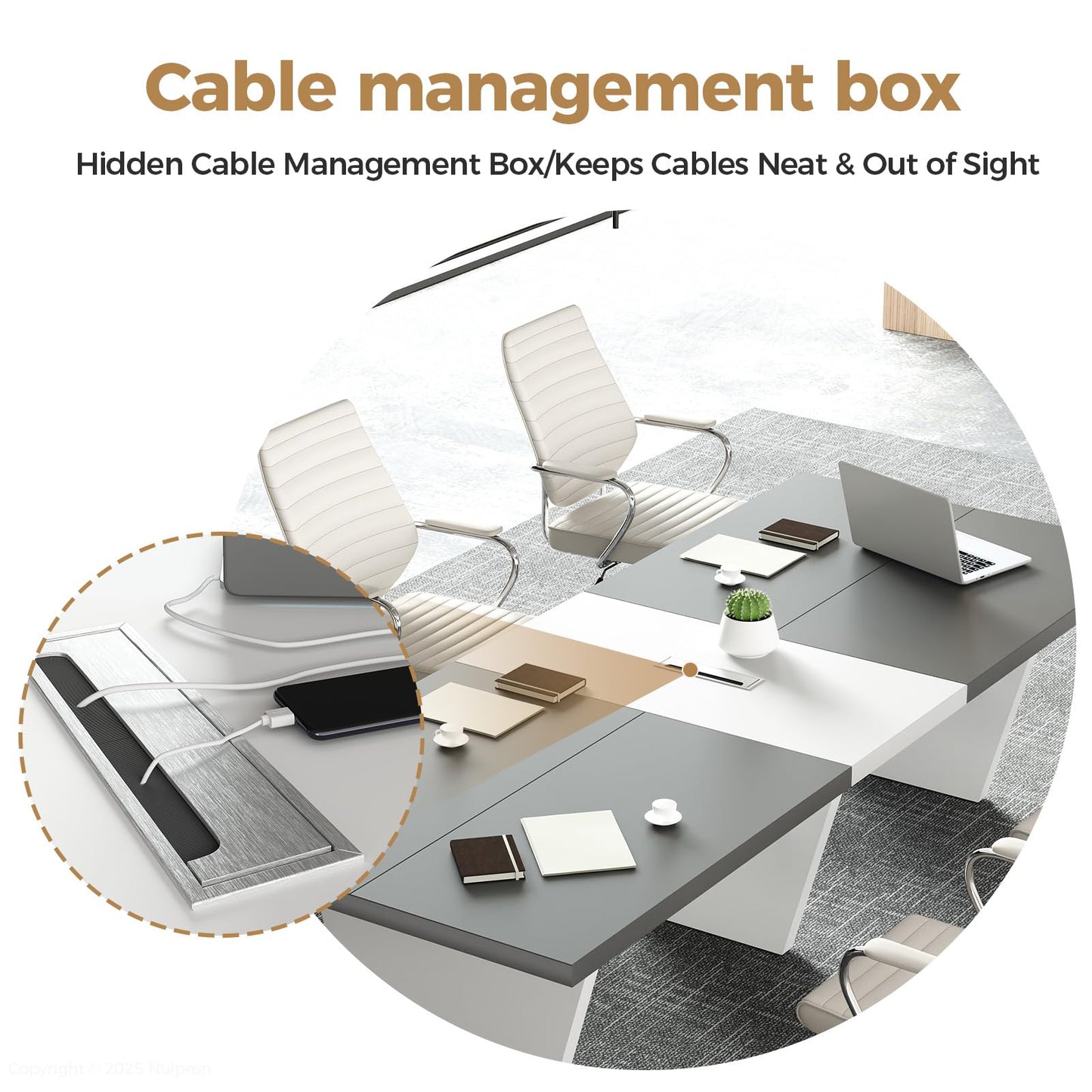 Nuipesn 10-ft Rectangular Conference Table, 119" Modern Boardroom Table for 10-12 People, 2" Thick Top with Center Cable Grommet, Two-Tone Dark Gray & White