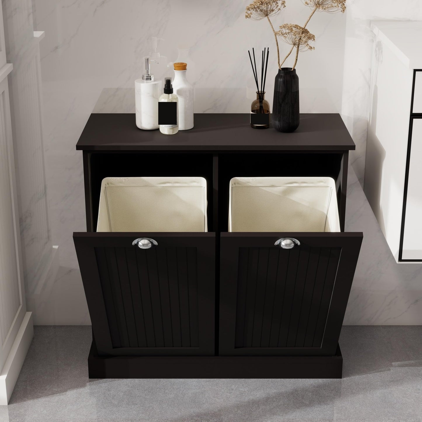 Contemporary Storage Cabinet, Two-Compartment Tilt-Out Laundry Sorter Cabinet, for Bathroom Hallway,for The Kitchen