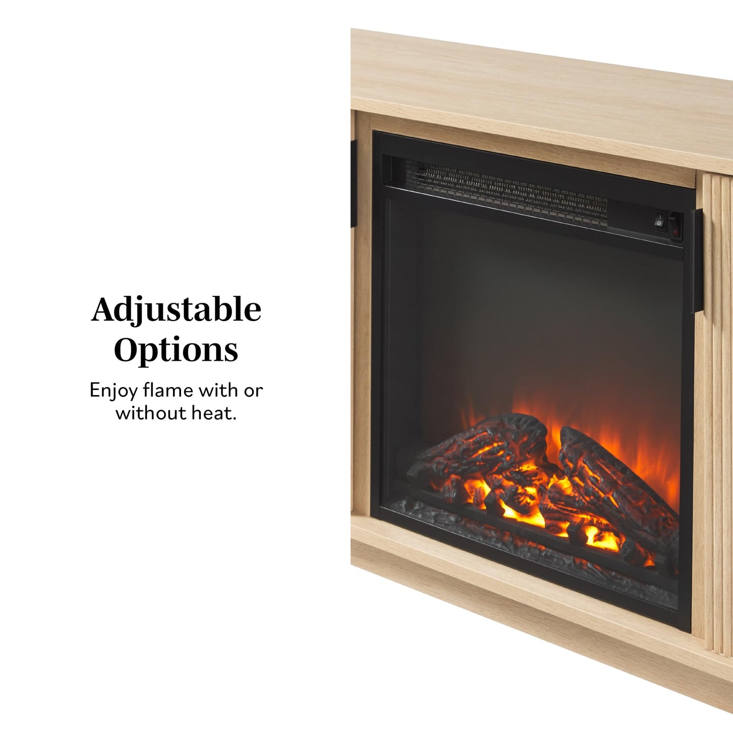 Walker Edison Arundo Reeded TV Stand with Fireplace & Storage, 70" Fireplace, Coastal Oak