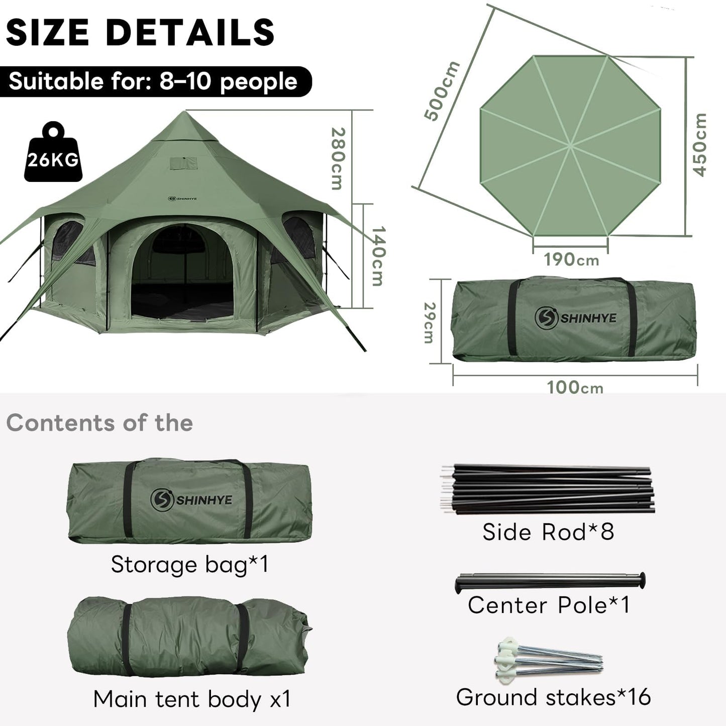 ShinHye 16.4ft Bell Tent for Glamping & Camping – Waterproof Canvas with Stove Jack, Removable Floor & 8 Mesh Windows (Fits 6-8 People)