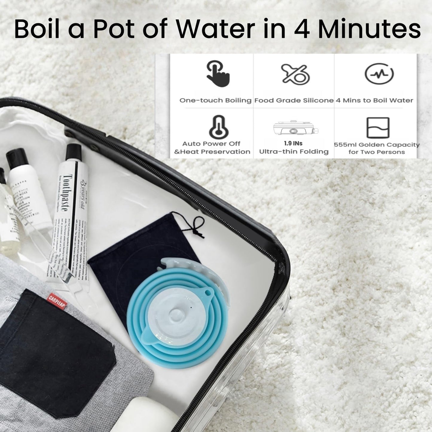 DOFQQG Travel Electric Kettle Small, Portable Travel Kettle Electric, Collpasible Electric Kettle, Food Grade Silicone Tea Kettle, Ultra-thin Foldable, Auto Shut off and Keep Warm, 110V 555ml (Blue)