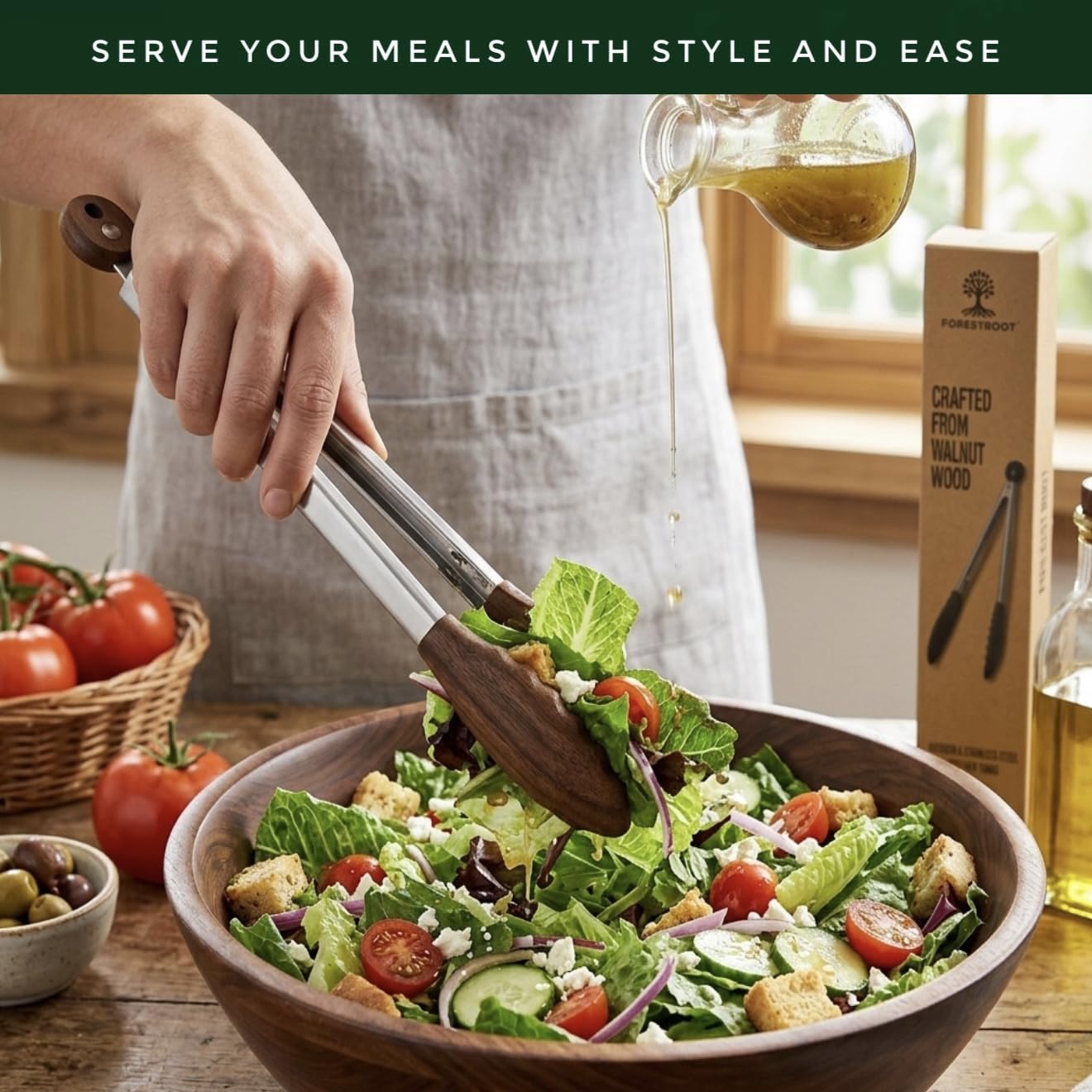 Forestroot Walnut Wood Kitchen Tongs – 12-Inch Nonstick-Safe Wooden Salad & Grill Tongs for Cooking, Serving, BBQ, and Tossing Salad – Durable Stainless Steel Core with Natural Wooden Tips