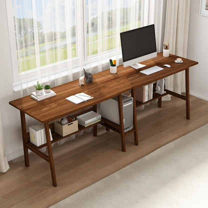 NELYE 2-Person Writing Desk with Bookshelf - 94" Wooden Extra Long Home Office Work Table, Double Study Computer Workstation with Storage Shelves in Walnut, 94" W x 24" D