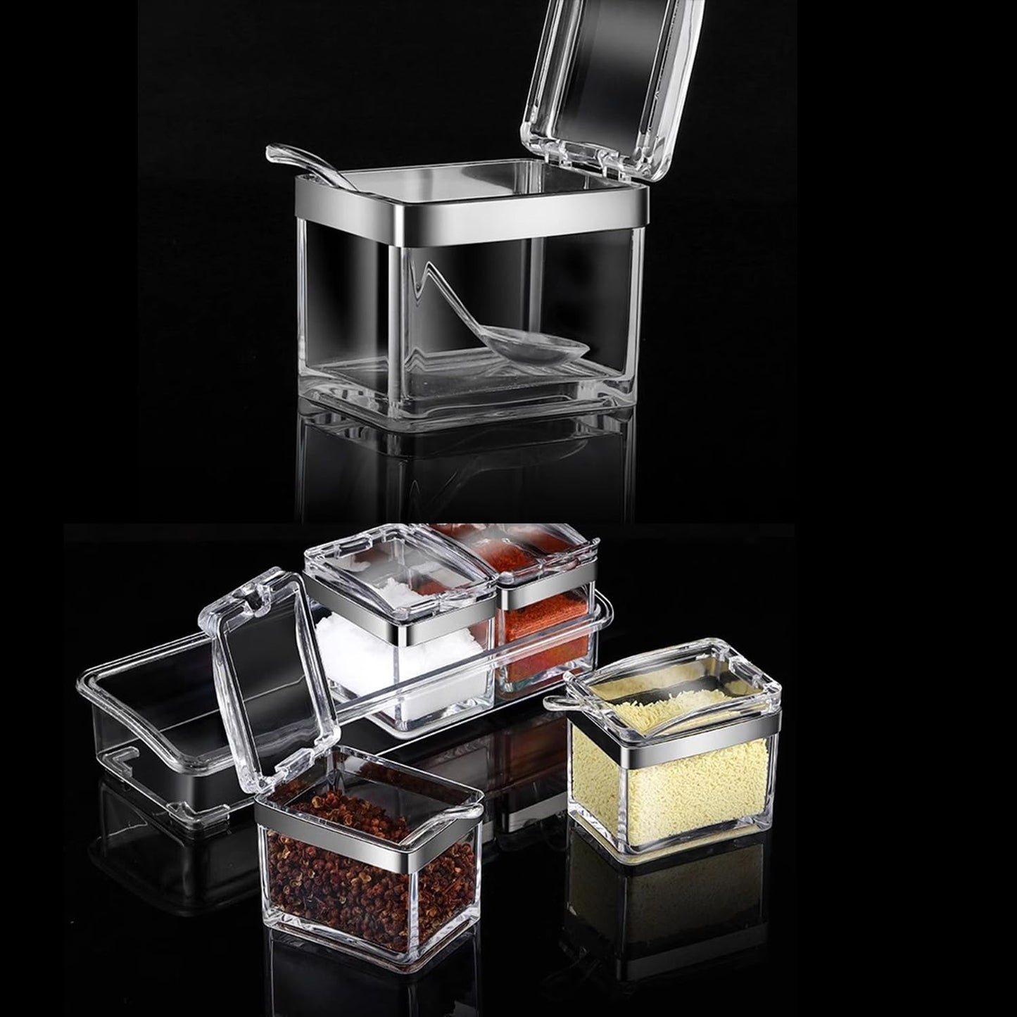 TENTA KITCHEN Gourmet Acrylic Seasoning Box - Premium Quality Pure Acrylic Container and Case- 18/8 Stainless Steel Ring - 4 Serving Spoons -Luxurious Condiment Cruet Bottle, Spice Jar Set