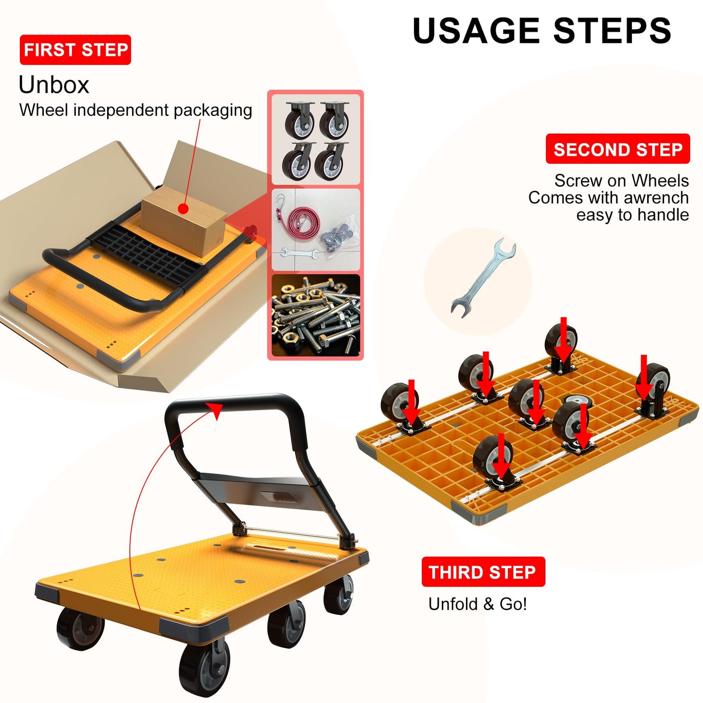 WUD Push Cart, Folding Mobile Platform Trolley,Thickened and Reinforced, 360° Swivel Wheels,47.2 “L x 27.5 ”W, 1764 lb. Yellow Dolly cart with Wheels