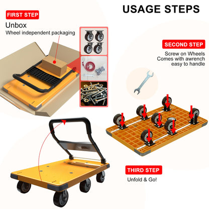 WUD Push Cart, Folding Mobile Platform Trolley,Thickened and Reinforced, 360° Swivel Wheels,47.2 “L x 27.5 ”W, 1764 lb. Yellow Dolly cart with Wheels
