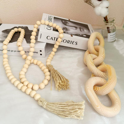 EMINGSKY 2 Pieces Decorative 5 Link Wooden Chain Decor and Bead Boho Farmhouse Rustic Home Table Decor Coffee Table Shelf Aesthetic Modern Bookshelf Table Wooden Decortion (Natural)