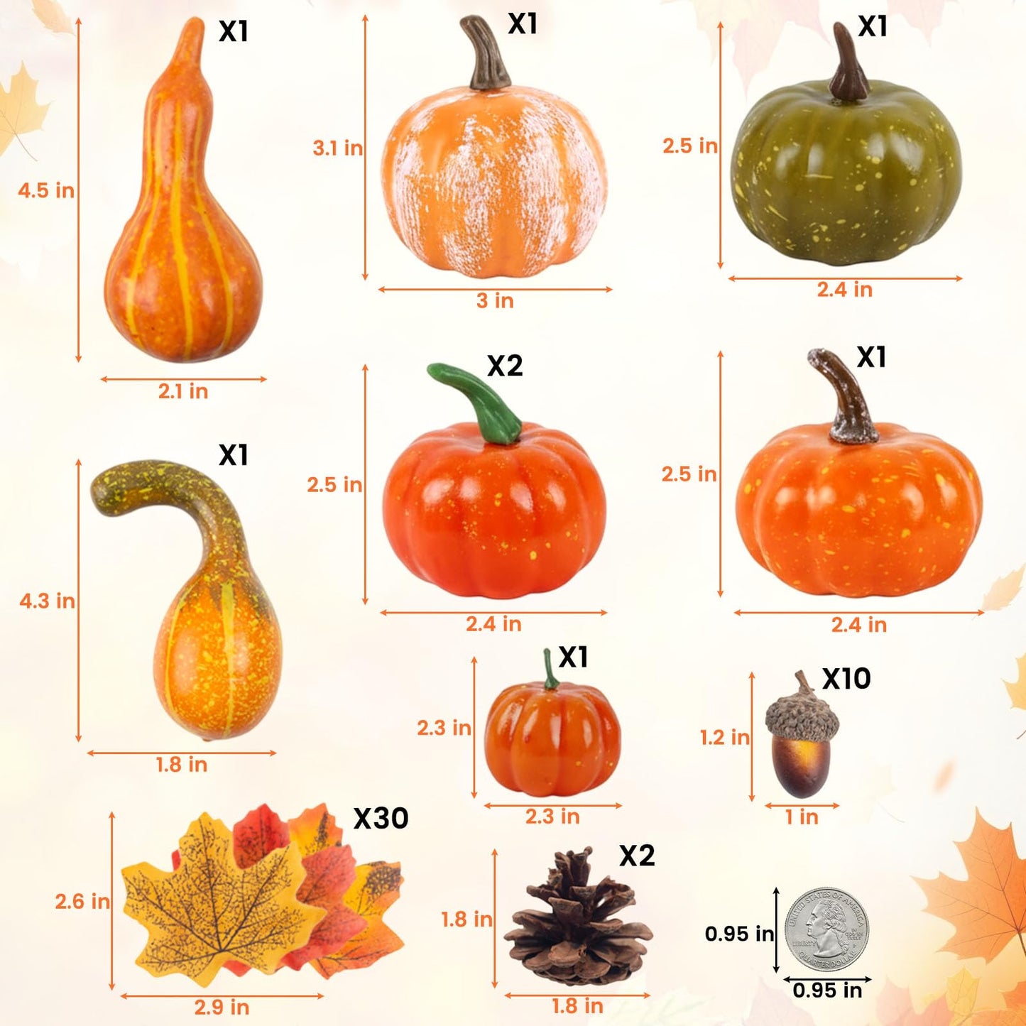 DomeStar Thanksgiving Mini Pumpkins, 8 Assorted Fake Pumpkins and Grounds 30 Maple Leaves 10 Acorns 2 Pine Cones Bowl Filler Fall Garland Wreath DIY Crafts for Harvest Table Centerpieces