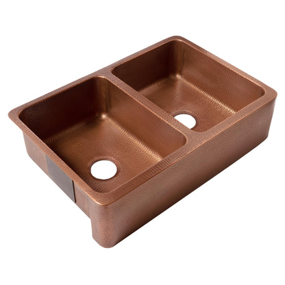 Sinkology Lange 32 Inch Farmhouse Copper Sink - Handcrafted Hand-Hammered Solid Pure Copper Double Bowl Apron Front Farm Sink for Kitchen Remodel - Fits 36-Inch Cabinet - Sinkology Everyday Promise
