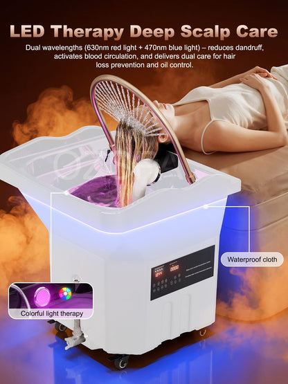 QEGOON Professional Head Spa Equipment, Portable Shampoo Bowl with LED Light Therapy, 60L Large Water Tank, Constant Temperature Water Circulation Shampoo Station for Beauty Salons Spas