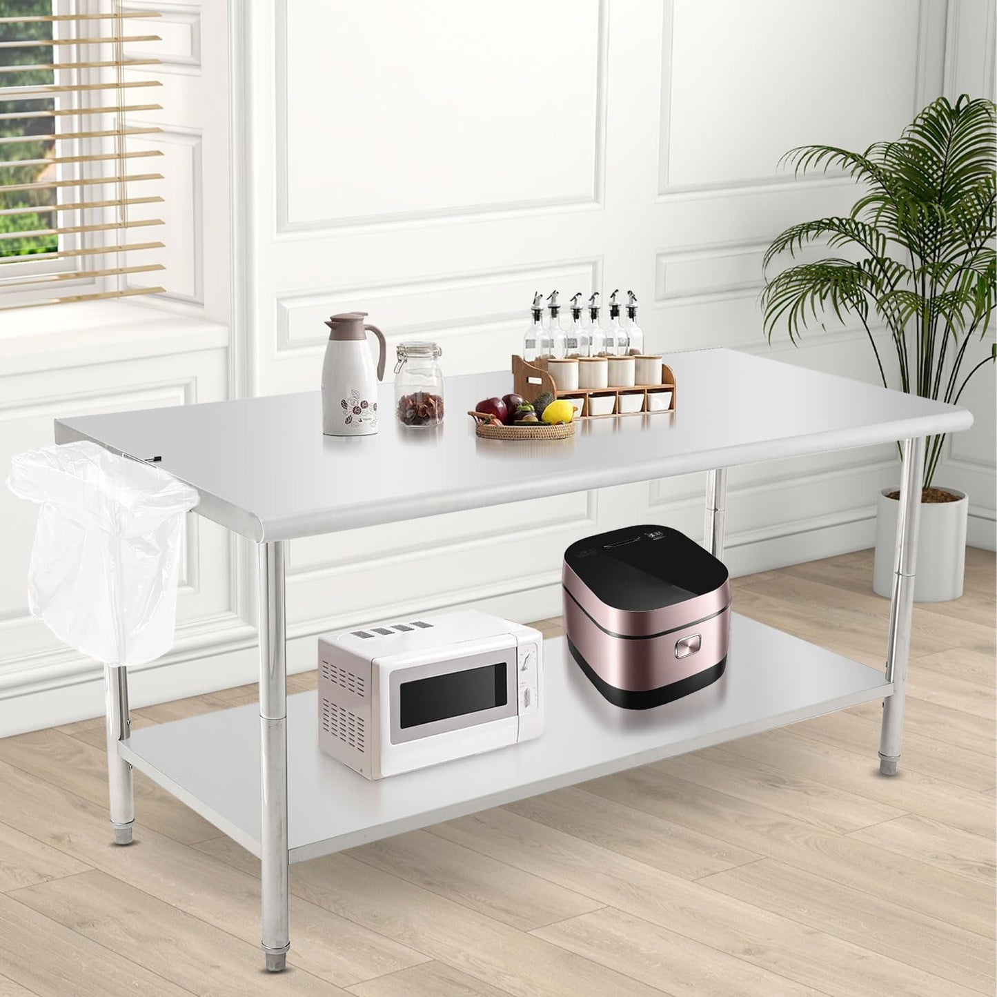 Garvee Heavy Duty NSF Stainless Steel Prep Table – 72x30x35in Commercial Workstation with Adjustable Undershelf, Removable Trash Rack, 08 Curved Edge, No Casters, No Backstop – Perfect for Kitchen