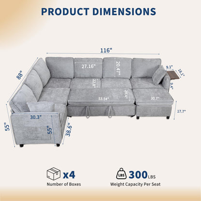 Modular Sectional Sleeper Sofa with Pull Out Bed, 116" Large U Shaped 7 Seater Sectional Couches with Ottoman, Charging Port & Foldable Side Table, Comfy Chenille Cloud Sofas for Living Room, Grey