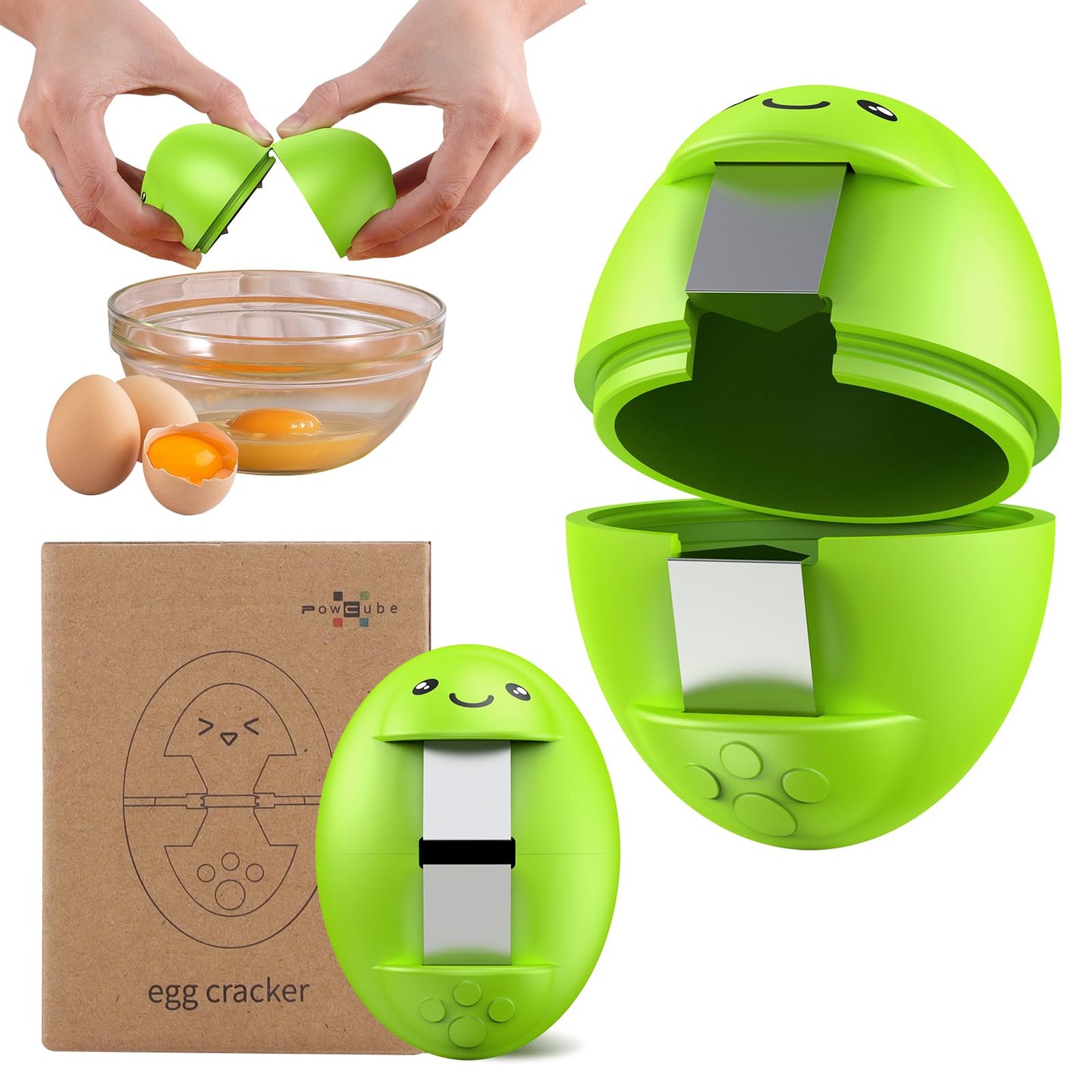 PowCube Egg Cracker, Silicone Egg Shell Opener, Cute Egg Shaped Design, Opens Eggs with Ease, A Little Happiness Boost for Your Kitchen. (Color: Green, 1-Pack)