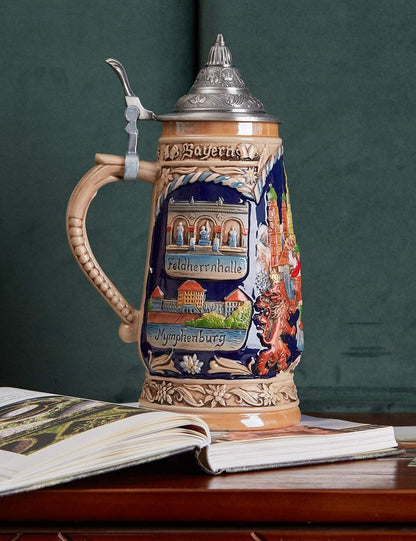 HAUCOZE Beer Stein Mug German Munich Bavarian Drinking Viking Tankard with Pewter Lid Birthday Gifts for Men Father Husband 1.0 Liter