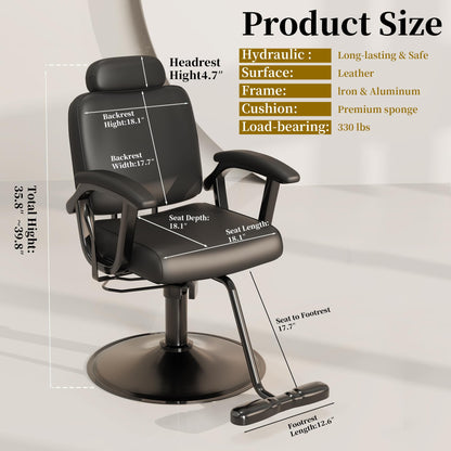 Baasha Premium Black Reclining Salon Chair with Removable Headrest, All-Purpose Hydraulic Barber Chair, Soft PU Leather, 360° Swivel, 135° Recline, Heavy-Duty Steel Frame, 330 lbs Capacity