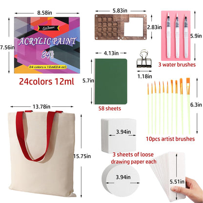 fsdyknej Portable Painting Kit for Adults, Travel Art Set with Mini Wooden Palette, Canvas Tote Bag, Brushes, Blank Cards and Bookmarks for DIY Creative Projects