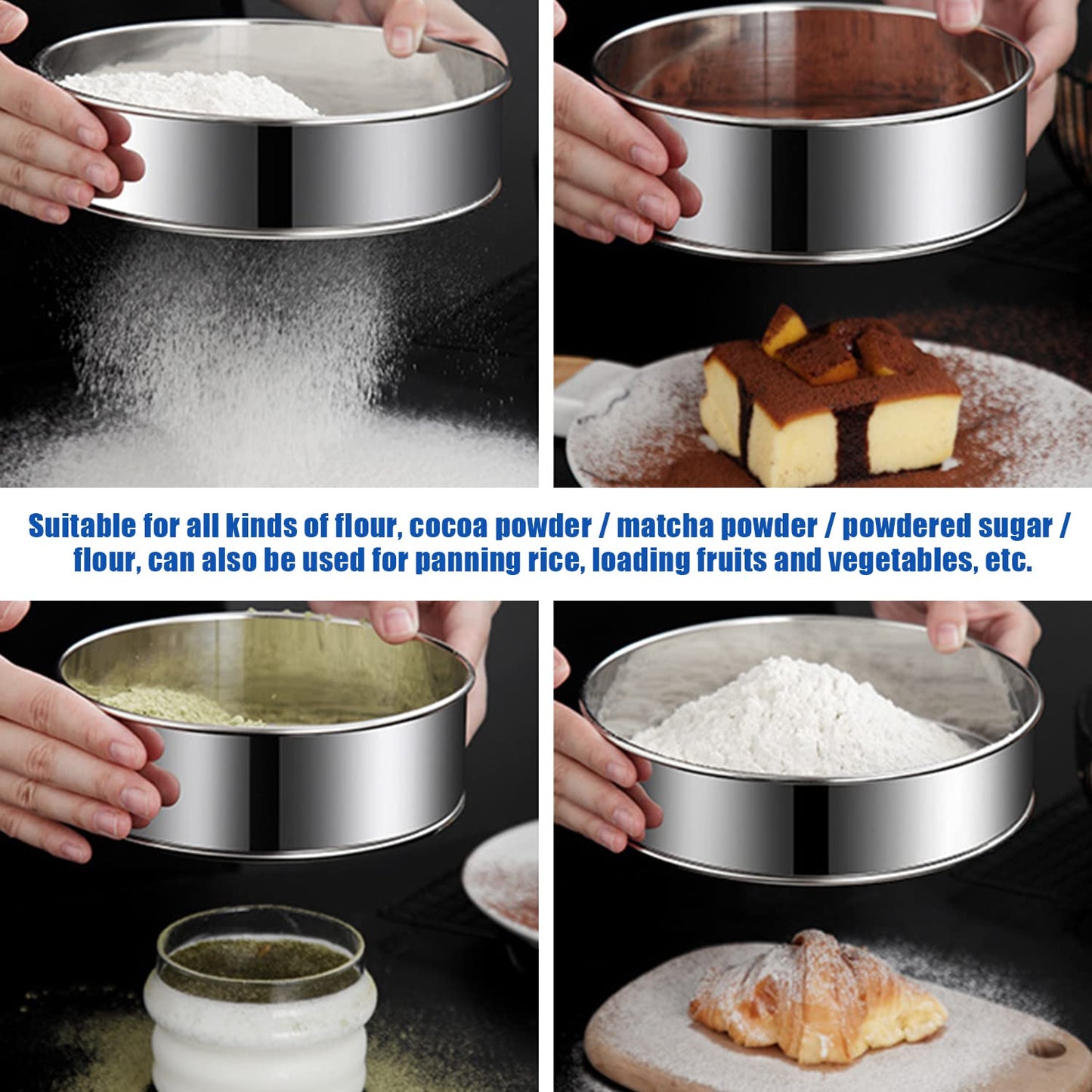 6 Pieces Stainless Steel Flour Sifter, Round Flour Sifter 40 Mesh, Premium Rustproof Flour Sieve Fine Mesh for Baking Cake Bread Pies Pastries Cupcakes（Different sizes）