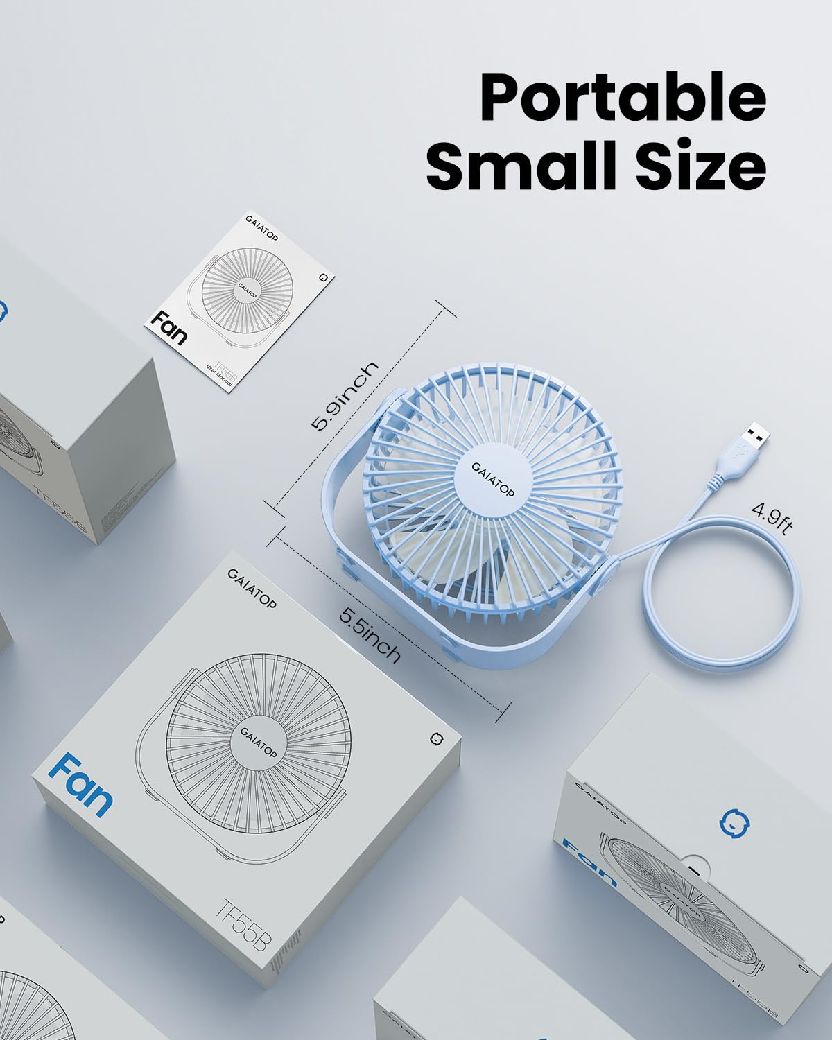 Gaiatop USB Desk Fan, 3 Speeds Strong Airflow, 5.5 Inch Portable 90° Rotate Quiet Cooling, Small Personal Table Fans for Bedroom Home Office Travel Blue