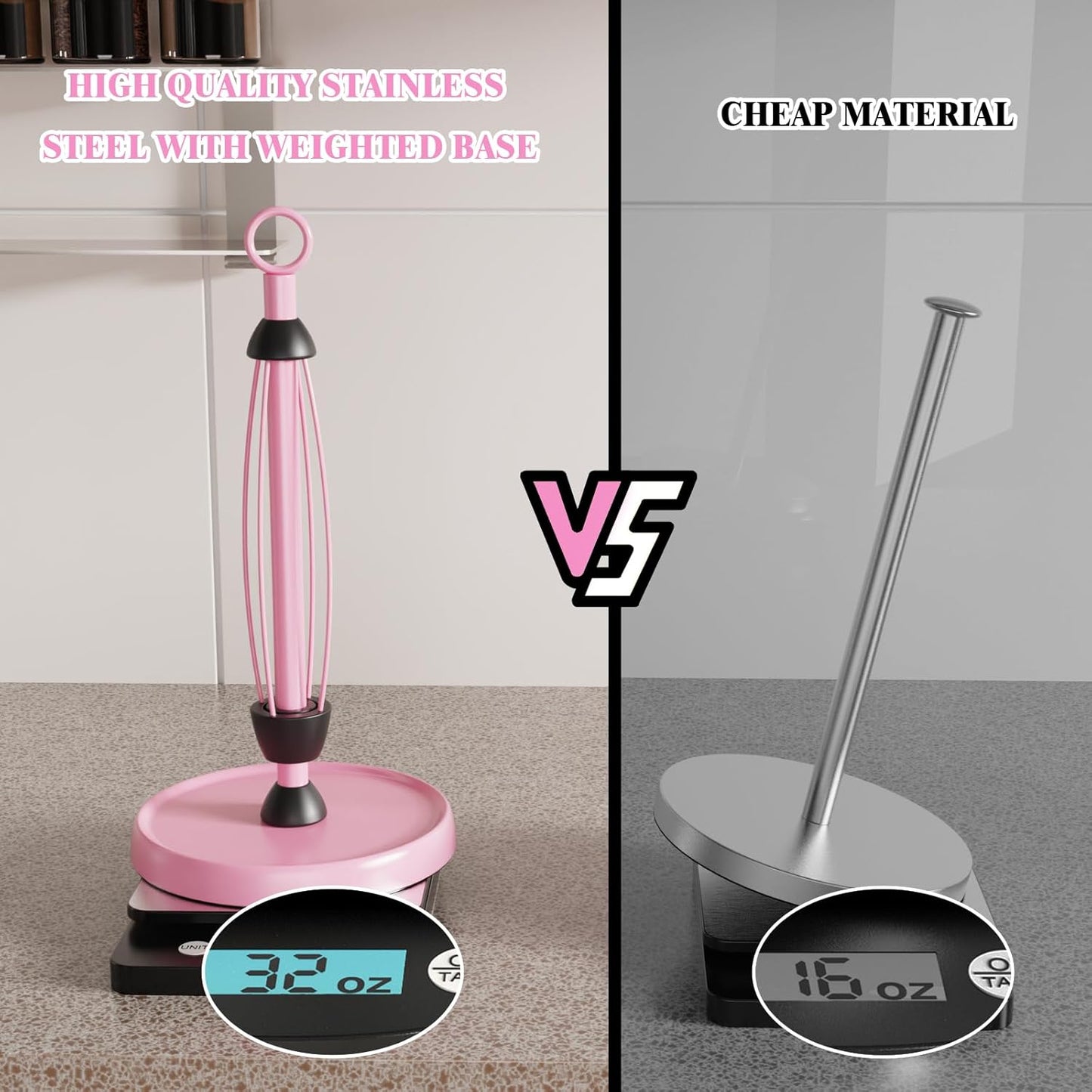 Countertop, Pink Paper Towel Holder Pink Kitchen Accessories Decor, One-Handed Tear, Stainless Steel, Weighted Base