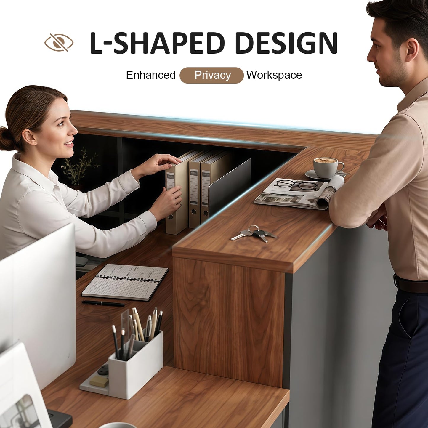 YTElantivo L-Shaped Reception Desk with Counter, 1-Inch Thick Board, Lockable Drawers & Keyboard Tray, Heavy-Duty Front Desk for Office, Salon, Hotel & Clinic