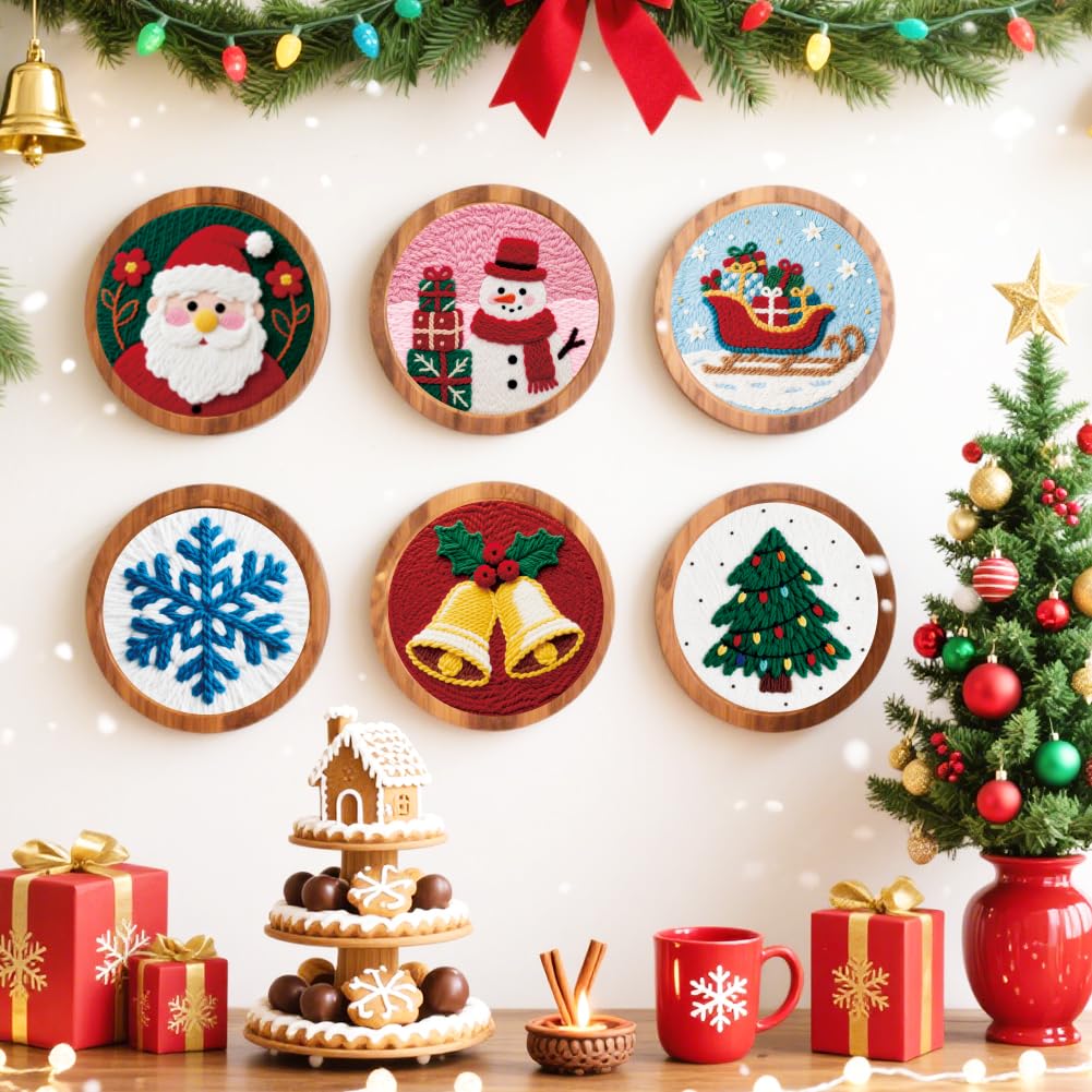 ACRNIGHEET 6Pcs Christmas Punch Needle Kits for Adults Beginners, 6.7" Diameter Punch Needle Embroidery Kit Include Instructions Pre-Printed Pattern Embroidery Hoop Yarns Needles DIY Crafts Gifts Idea