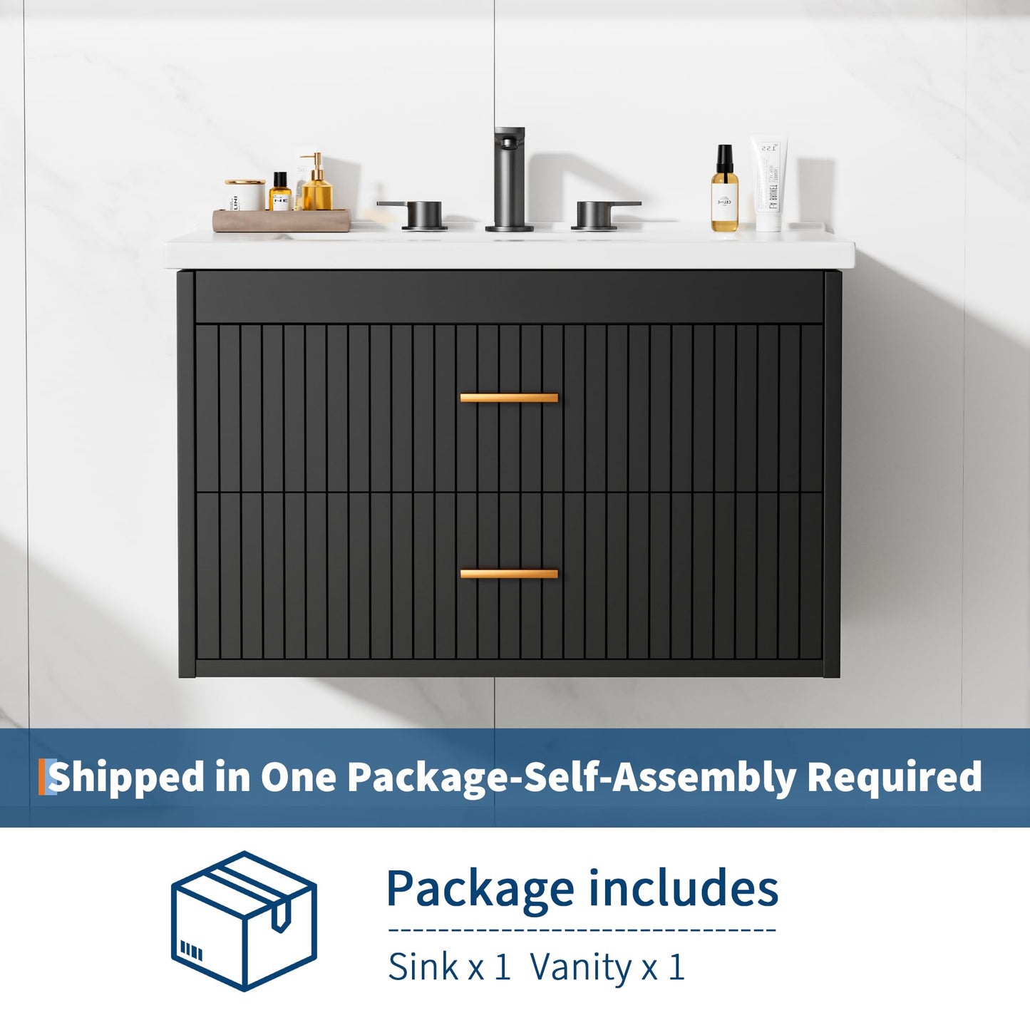IDEALHOUSE 30 Inch Floating Fluted Bathroom Vanity with Ceramic Sink, Wall Mounted Modern Vanity Cabinet with 2 Soft-Close Drawers & Gold Handles, Easy to Assemble Black