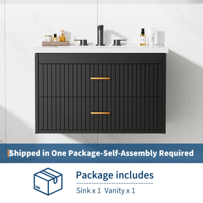 IDEALHOUSE 30 Inch Floating Fluted Bathroom Vanity with Ceramic Sink, Wall Mounted Modern Vanity Cabinet with 2 Soft-Close Drawers & Gold Handles, Easy to Assemble Black