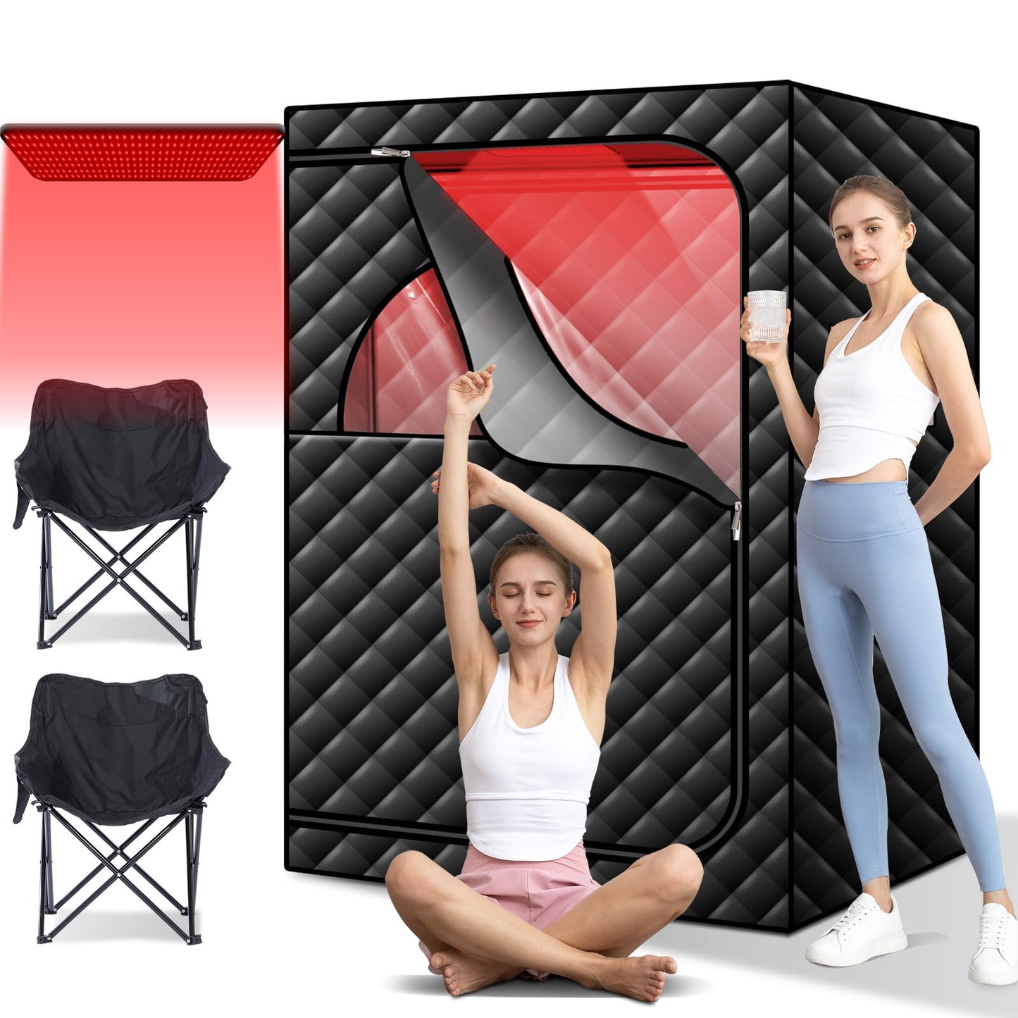 AMOCANE Portable Infrared Sauna with 660nm Red Light Therapy Lamp, 2 Person Red Light Sauna Spa for Home, Full Body Personal Tent with 2 Large Chairs, Remote Control, Dry Heated for Gym/Pilates/Garage