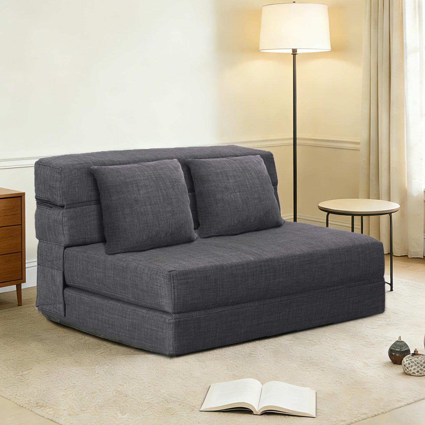 ANONER 60" Fold Sofa Bed Couch Memory Foam with 2 Pillows Futon Sleeper Chair Guest Bed and Fold Out Couch, Washable Cover Queen Size, Dark Gray