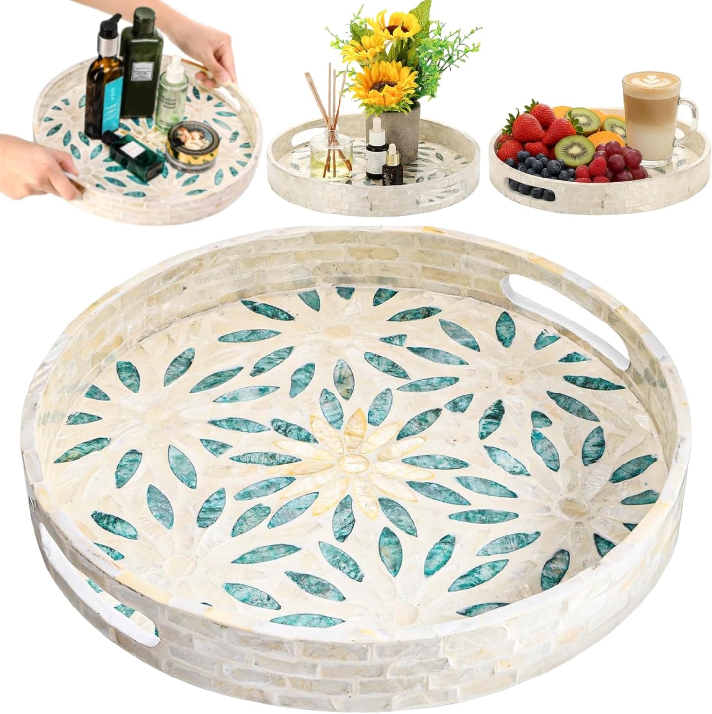 12 Inch Mother of Pearl Decorative Serving Tray, Round Decorative Table Tray, Wood Coffee Table Ottoman Tray