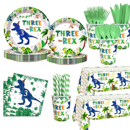 AIBIIN 194pcs Three Rex Birthday Decorations for Boy 3rd Birthday Party Plates, Cup, Napkin, Tablecloth, Tableware, Dinosaur 3 year old Birthday Party Supplies Plates Serve 24 Guests