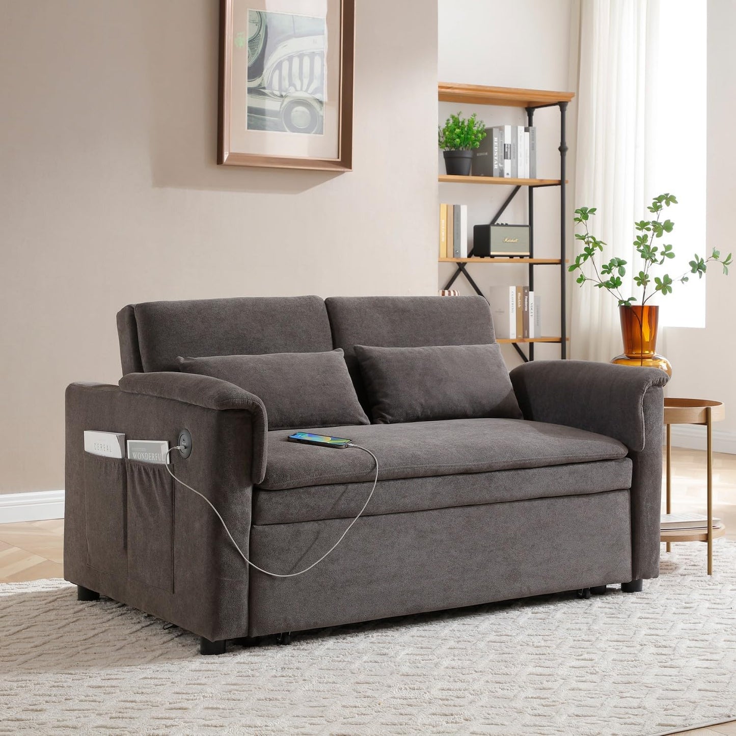 55" Convertible Futon Sofa Bed, Velvet 3 in 1 Sleeper Sofa Bed, Pull Out Couch with USB Ports & 2 waist pillows, Adjustable Backrest Loveseat Sofa, Small Couches for Living Room Apartment, Taupe Brown