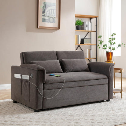 55" Convertible Futon Sofa Bed, Velvet 3 in 1 Sleeper Sofa Bed, Pull Out Couch with USB Ports & 2 waist pillows, Adjustable Backrest Loveseat Sofa, Small Couches for Living Room Apartment, Taupe Brown