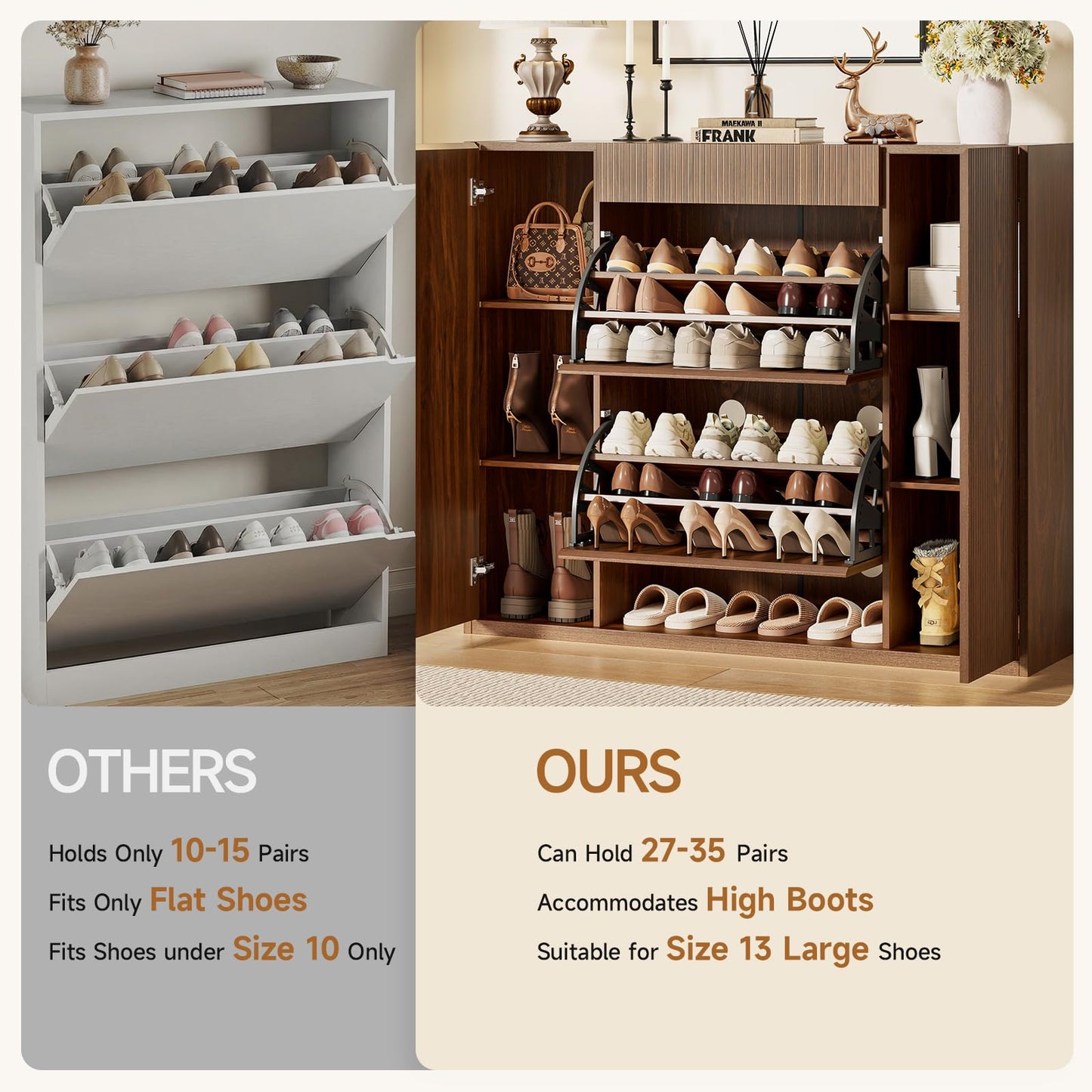 ONBRILL Large Shoe Cabinet with 2 Flip Drawers (3-Tier Each), 27-35 Pairs Shoe Organizer with Storage Drawer, 2 Doors & Open Shelf, 47.2'' Wide Shoe Storage Cabinet for Entryway Hallway (Walnut)