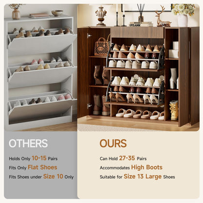 ONBRILL Large Shoe Cabinet with 2 Flip Drawers (3-Tier Each), 27-35 Pairs Shoe Organizer with Storage Drawer, 2 Doors & Open Shelf, 47.2'' Wide Shoe Storage Cabinet for Entryway Hallway (Walnut)