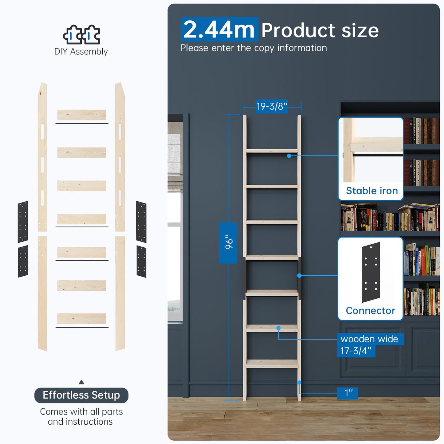 CEAKIAN Rolling Library Ladder 8ft,450lbs Capacity,7 Steps with Build-in Handrail,Solid Wood,Easy Assembly for Loft Bookshelf Kitchen Attic Outdoors,DIY Stain (No Sliding Hardware)