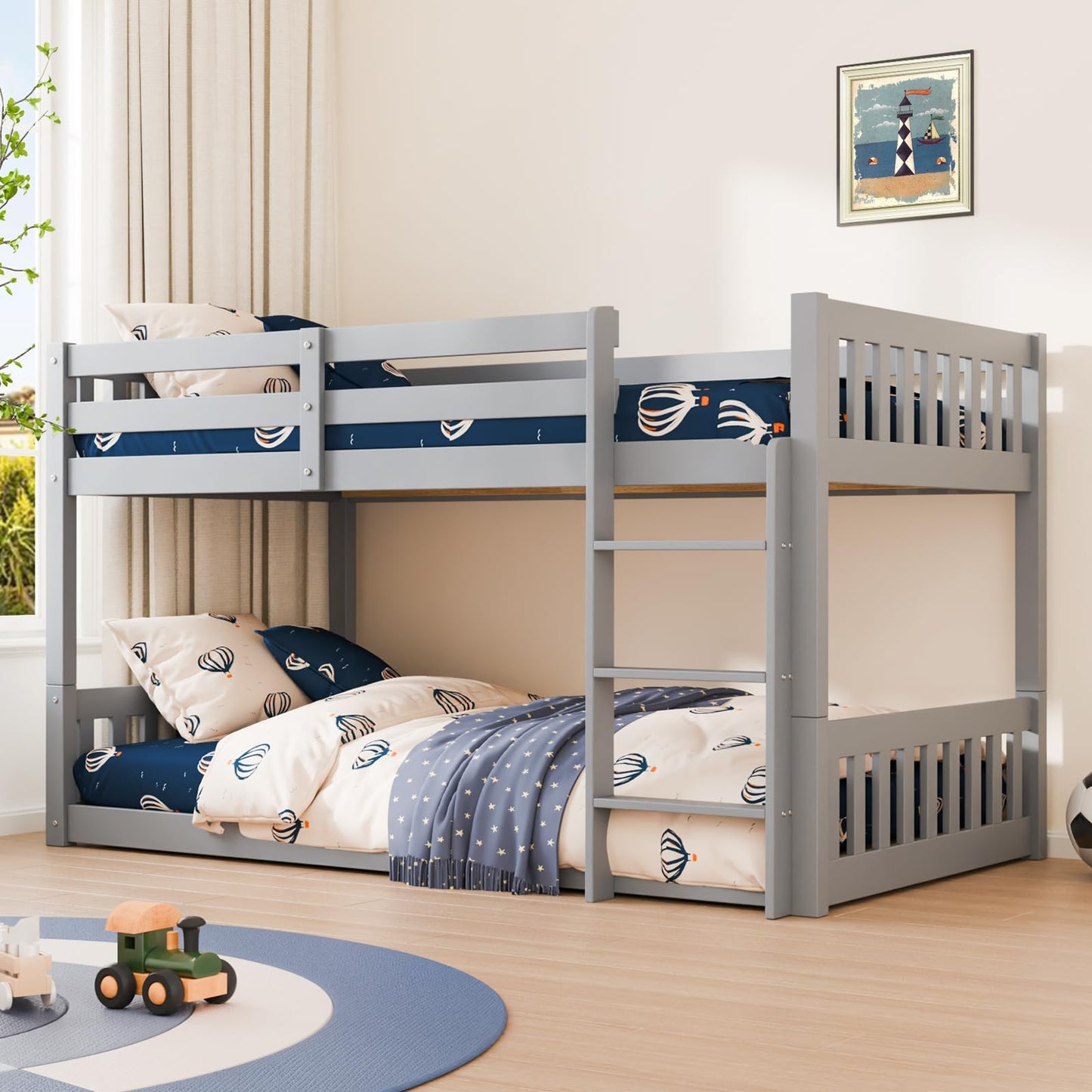 JOYMOR Solid Wood Low Twin Over Twin Bunk Bed for Kids/Junior, Bunk Bed Frame with Guardrails & Ladder for Boys Girls, No Box Spring Needed (Gray)