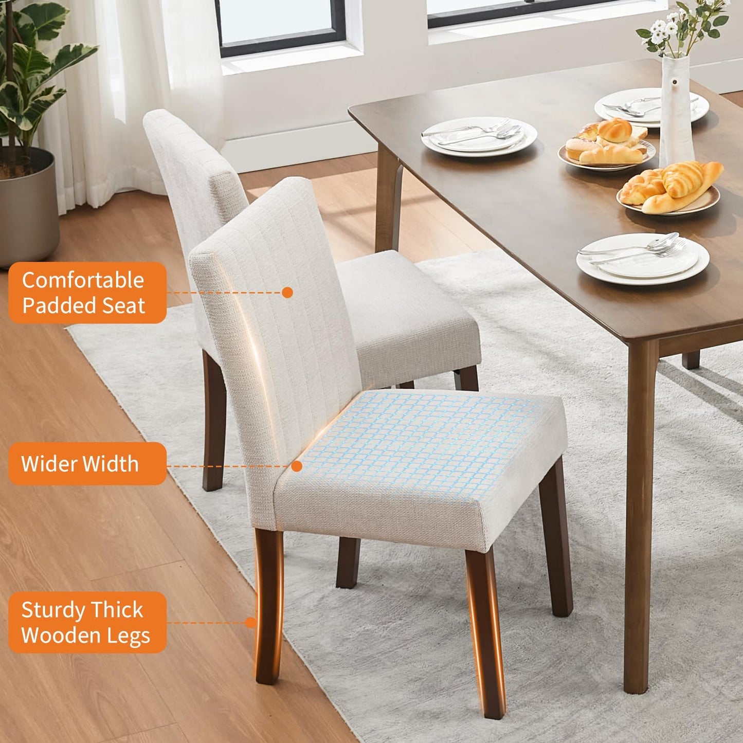 IDEALHOUSE Dining Chairs Set of 6, Farmhouse Tufted Parsons Chairs Stylish Kitchen Chairs Upholstered Fabric Kitchen Chairs with Wood Legs and Padded Seat, for Dining Room, Living Room, Beige