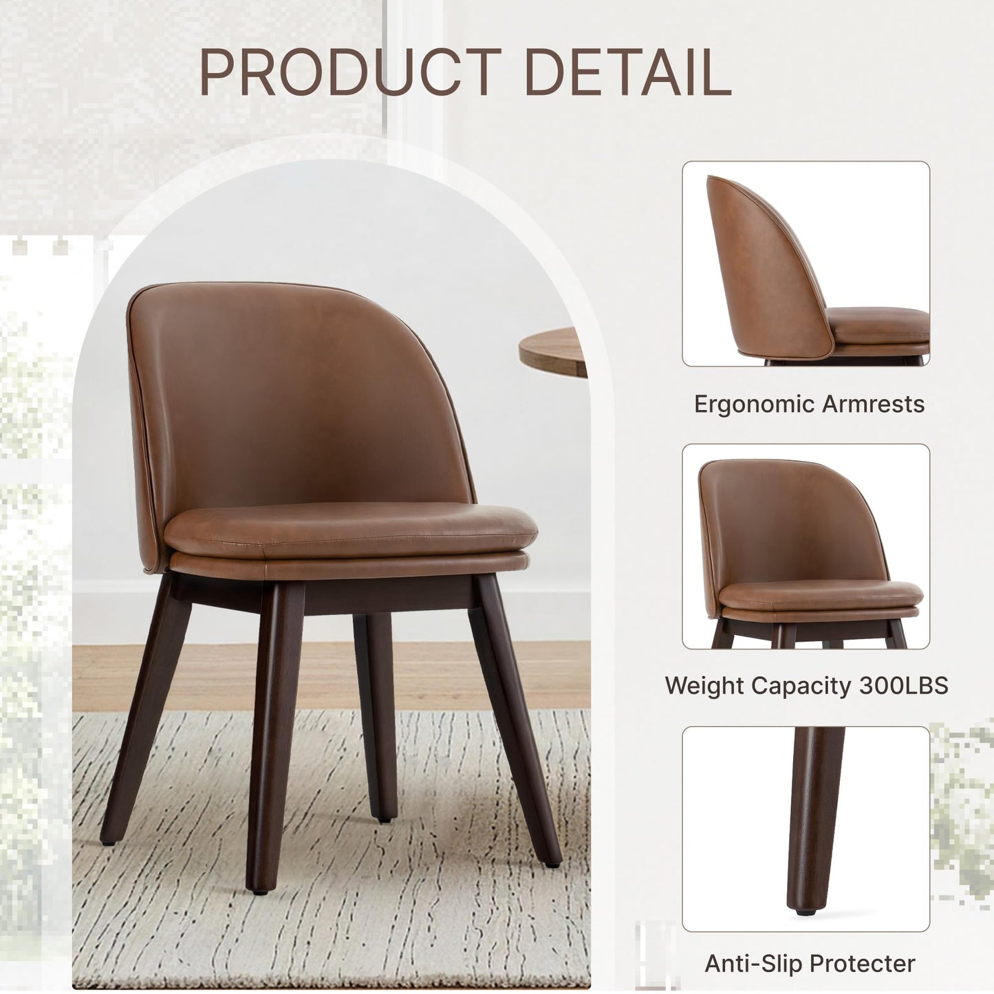 KISLOT Wooden Dining Chairs Set of 4, Faux Leather Upholstered Modern Dining Room Chairs with Double-Layer Thick Seat Cushion & Ergonomic Backrest for Restaurant, Kitchen and Café, Brown, 2 Boxs