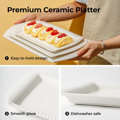 LIFVER Extra Large Serving Platters, 16"/14"/12" Ceramic Rectangle Serving Trays, Serving Dishes for Entertaining, White Platters for Serving Food Party, Turkey Platter for Thanksgiving, Set of 3