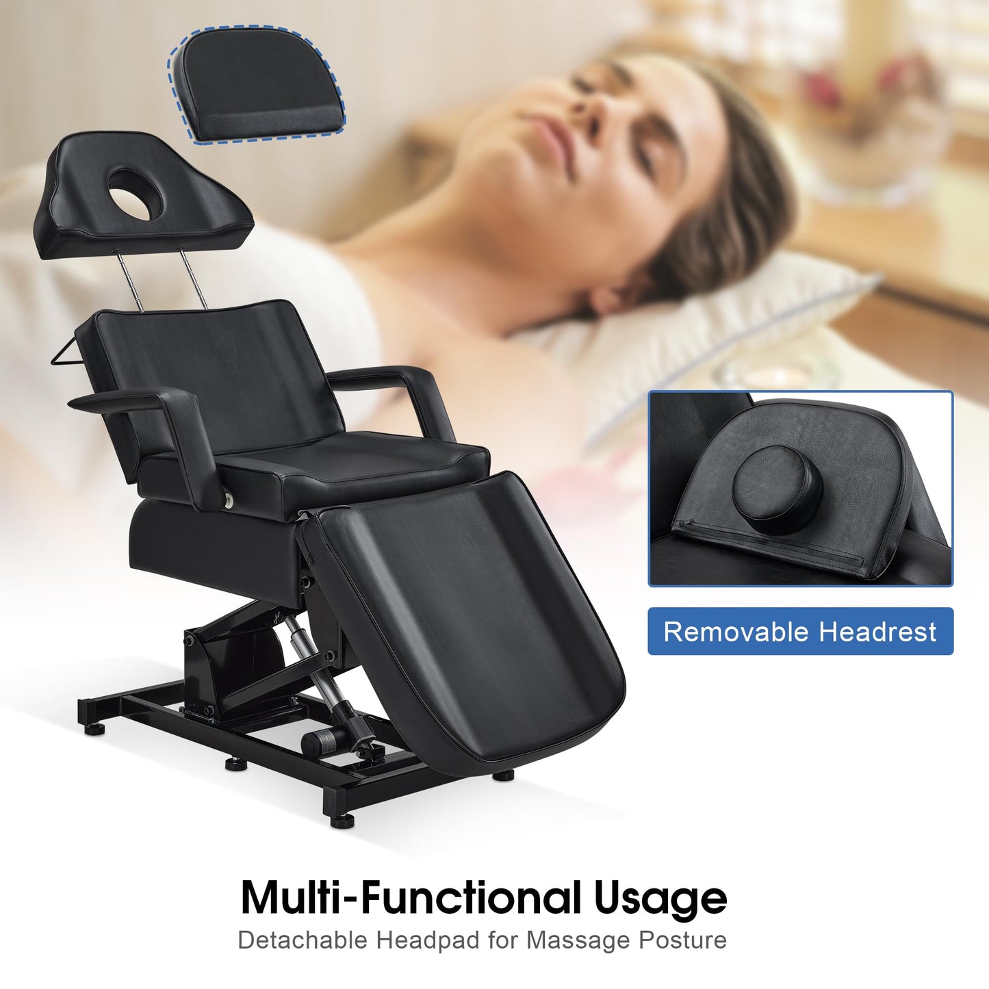 BarberPub Fully Electric Facial Bed with 3 Motor for Esthetician, Electric Tattoo Chair for Client, Facial Bed for Esthetician, Massage Adjustment 2751 (Black, Height (Flat): 25.2"–37")